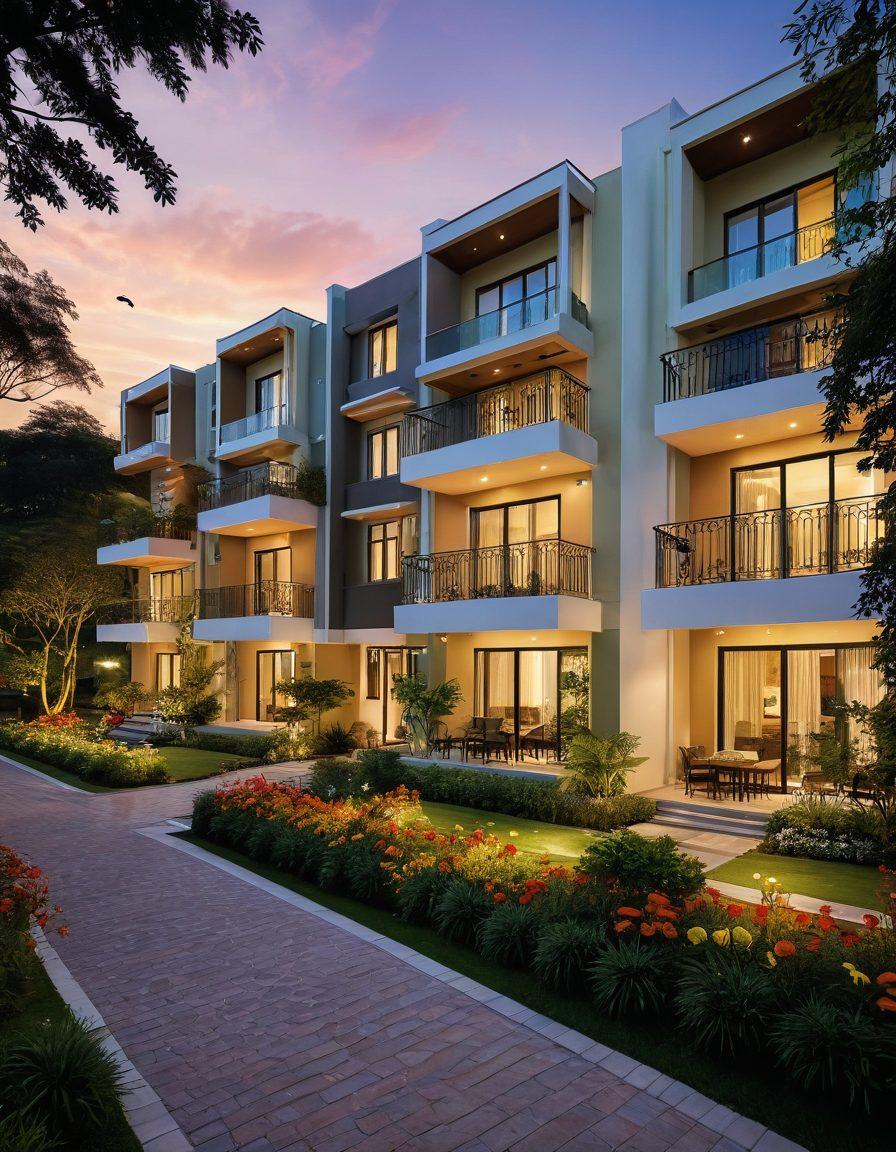 A serene and luxurious gated community featuring elegant houses, lush green gardens, and well-designed pathways. Include individuals enjoying leisure activities like jogging and socializing in the open spaces. The scene should radiate a sense of exclusivity and comfort, with a sunset casting a warm glow over the architecture. Artistic elements can include birds in flight and flowers blooming, enhancing the beauty of the environment. super-realistic. vibrant colors. warm tones.