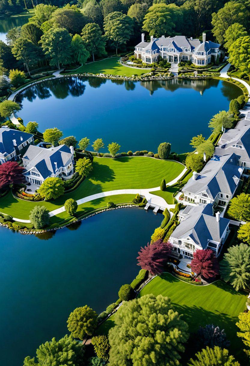 A stunning aerial view of an upscale suburban estate nestled in lush green parkland, featuring lavish gardens and luxury homes. Include a serene lake nearby with sunbathers and elegant families enjoying picnics. Capture the warmth of a sunny day with clear blue skies and vibrant landscaping. The scene should evoke feelings of tranquility and opulence. super-realistic. vibrant colors.