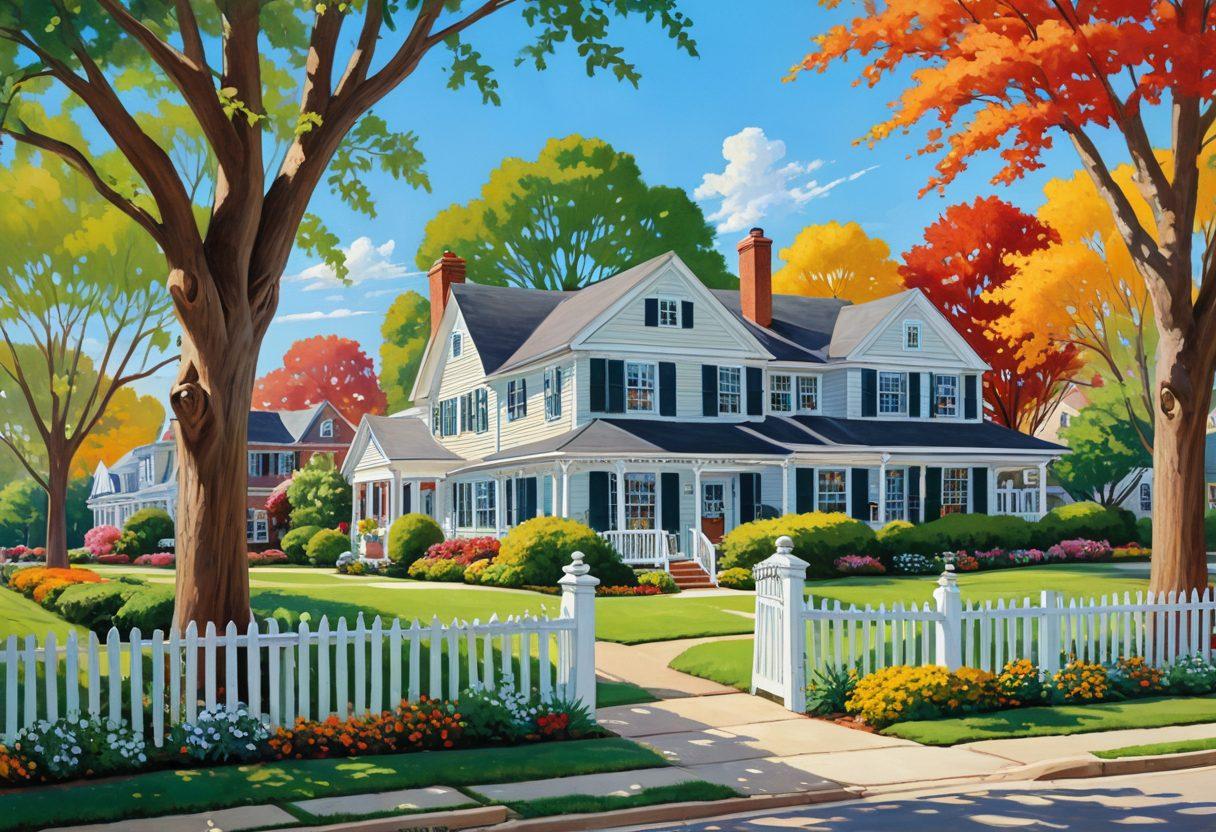 A picturesque suburban neighborhood showcasing elegant estates and charming homes for rent, with manicured lawns and tree-lined streets. Include a cheerful family exploring the area, a 'For Rent' sign by a white picket fence, and a clear blue sky overhead. Vibrant colors to evoke a sense of community and warmth. painting. sunny day.